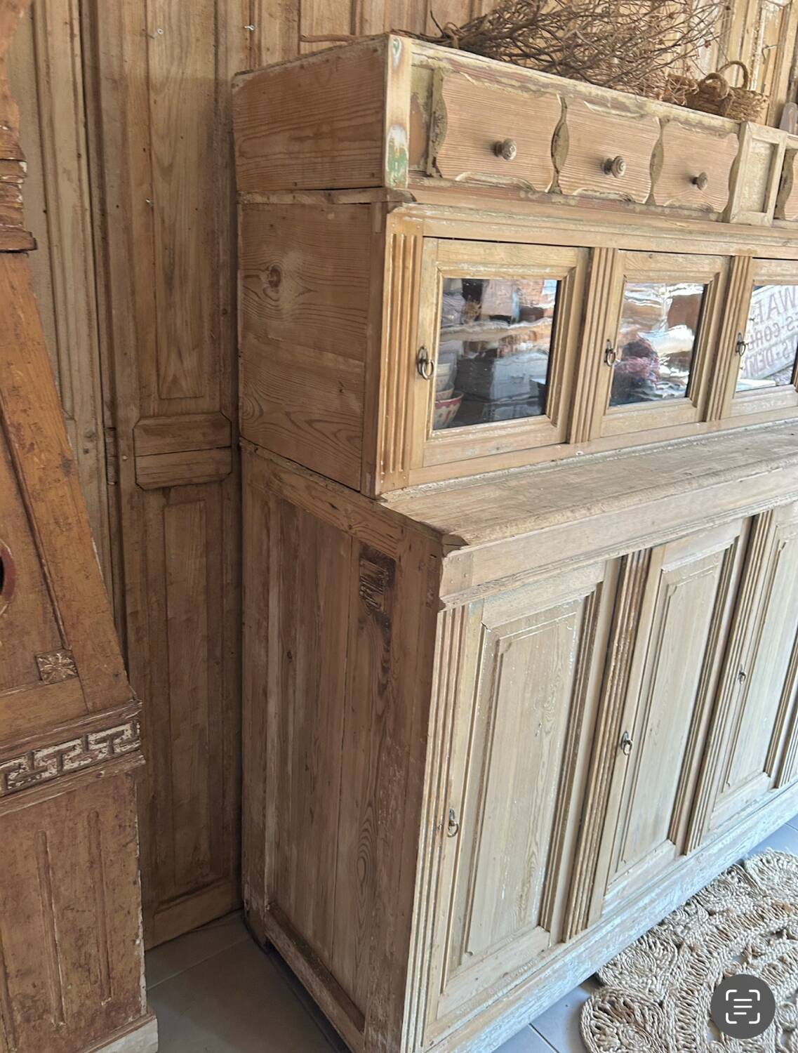 Old wooden grocery store cabinet, display cases and drawers