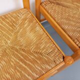 Set of 4 vintage brutalist chairs in light wood and straw from the 70s
