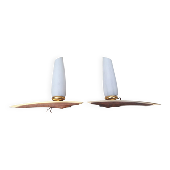 Pair of Scandinavian wall lights, teak, brass and opaline, vintage, 60s