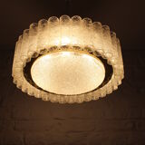 Ceiling chandelier in tubular blown glass and brass