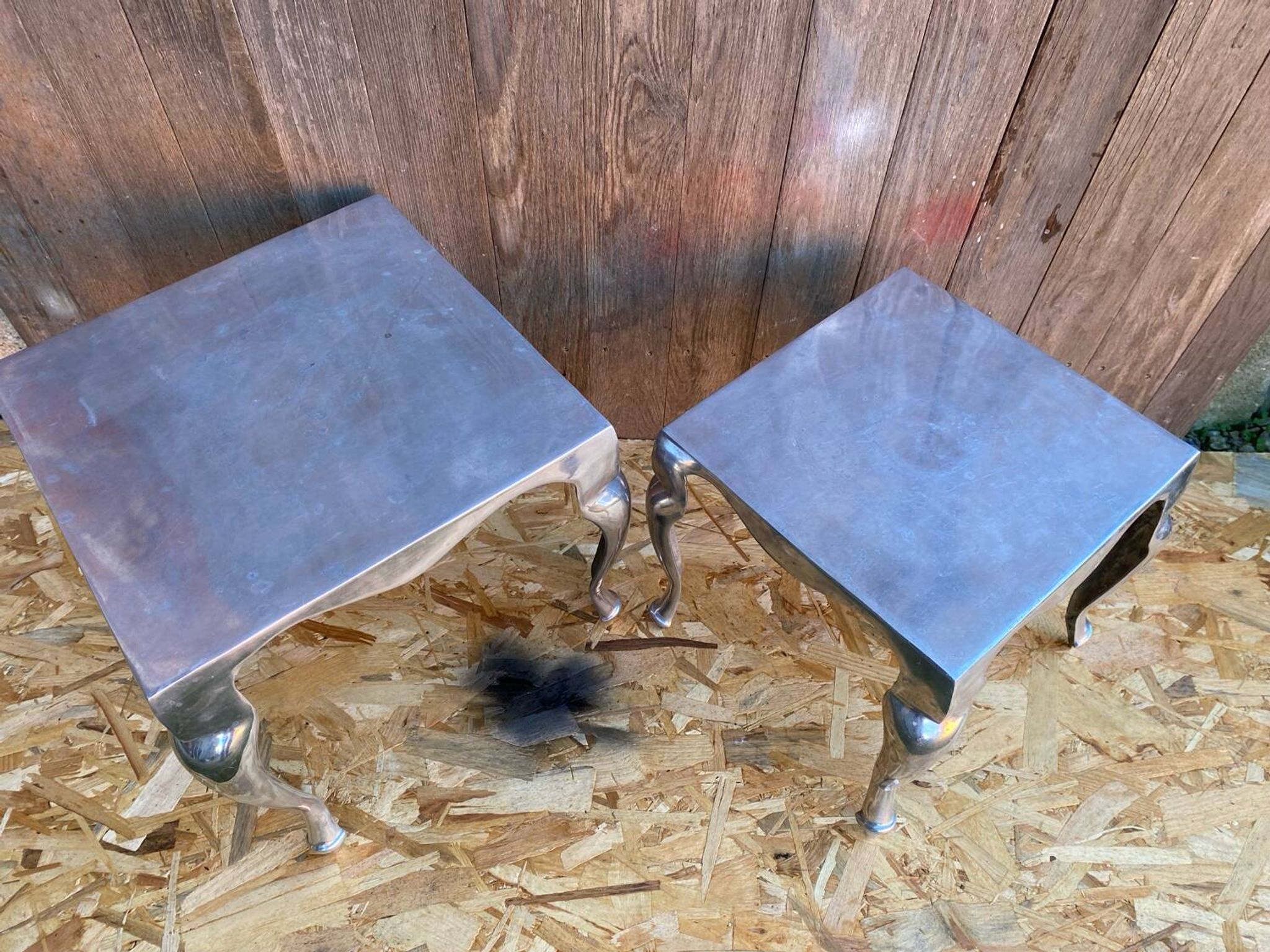 Pair of Louis XV Style Nesting Coffee Tables in Vintage Polished Aluminum