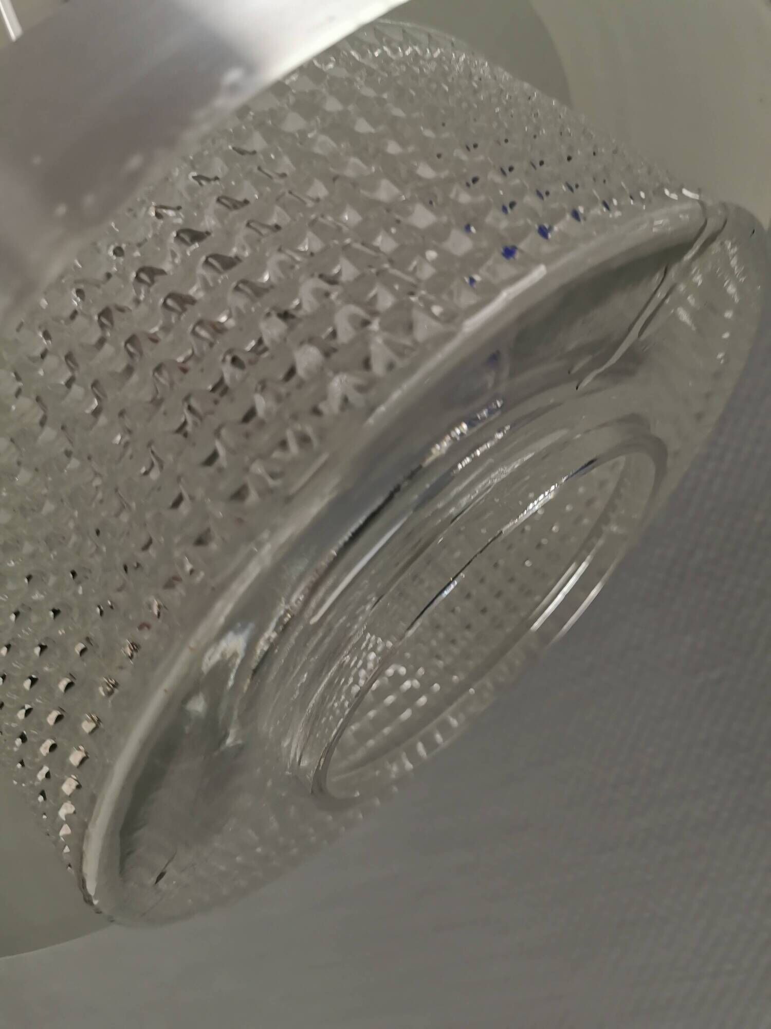 Hanging lamp in aluminium and hard pressed crystal glass. Denmark 1980s