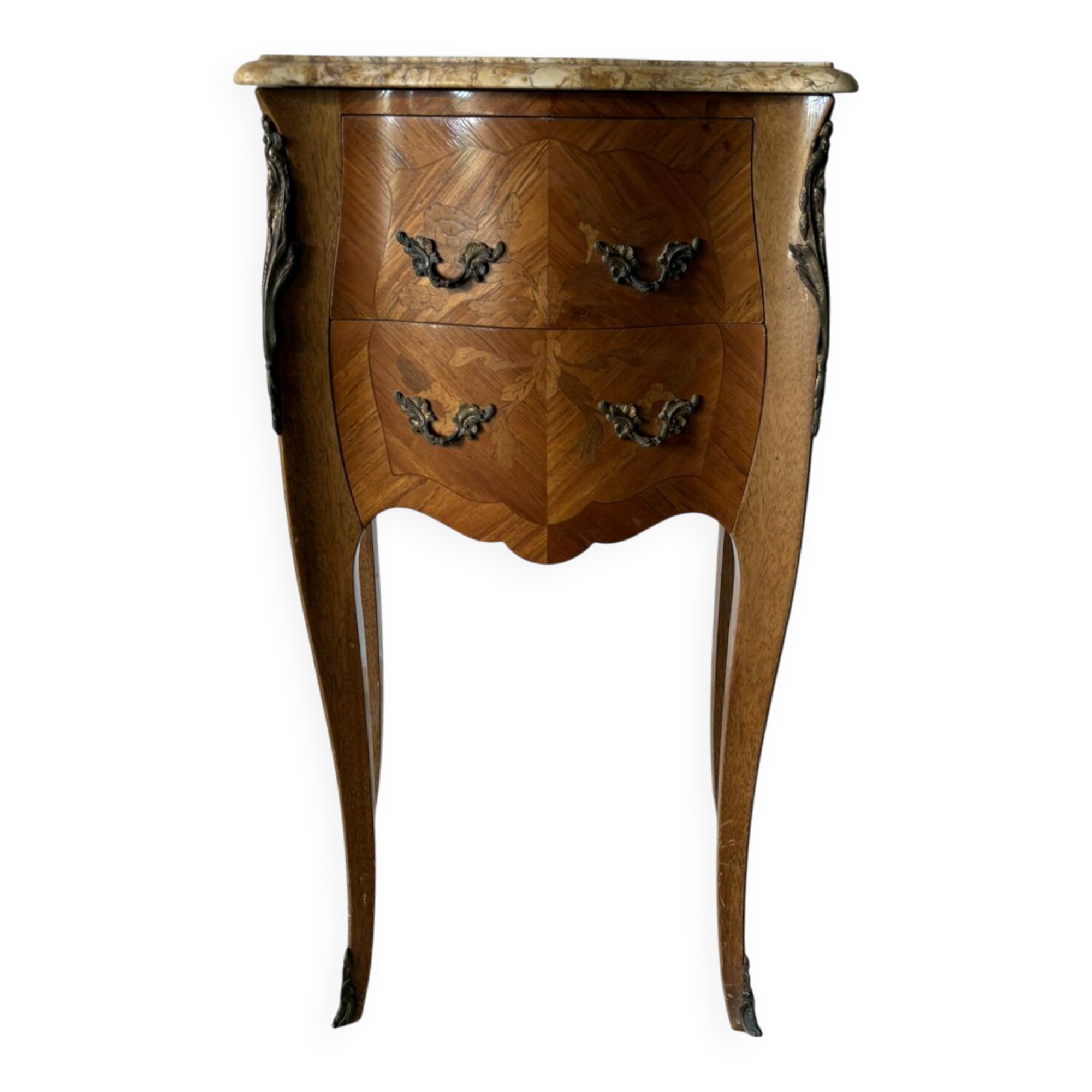 Small curved Louis XV style piece of furniture – marquetry and marble top