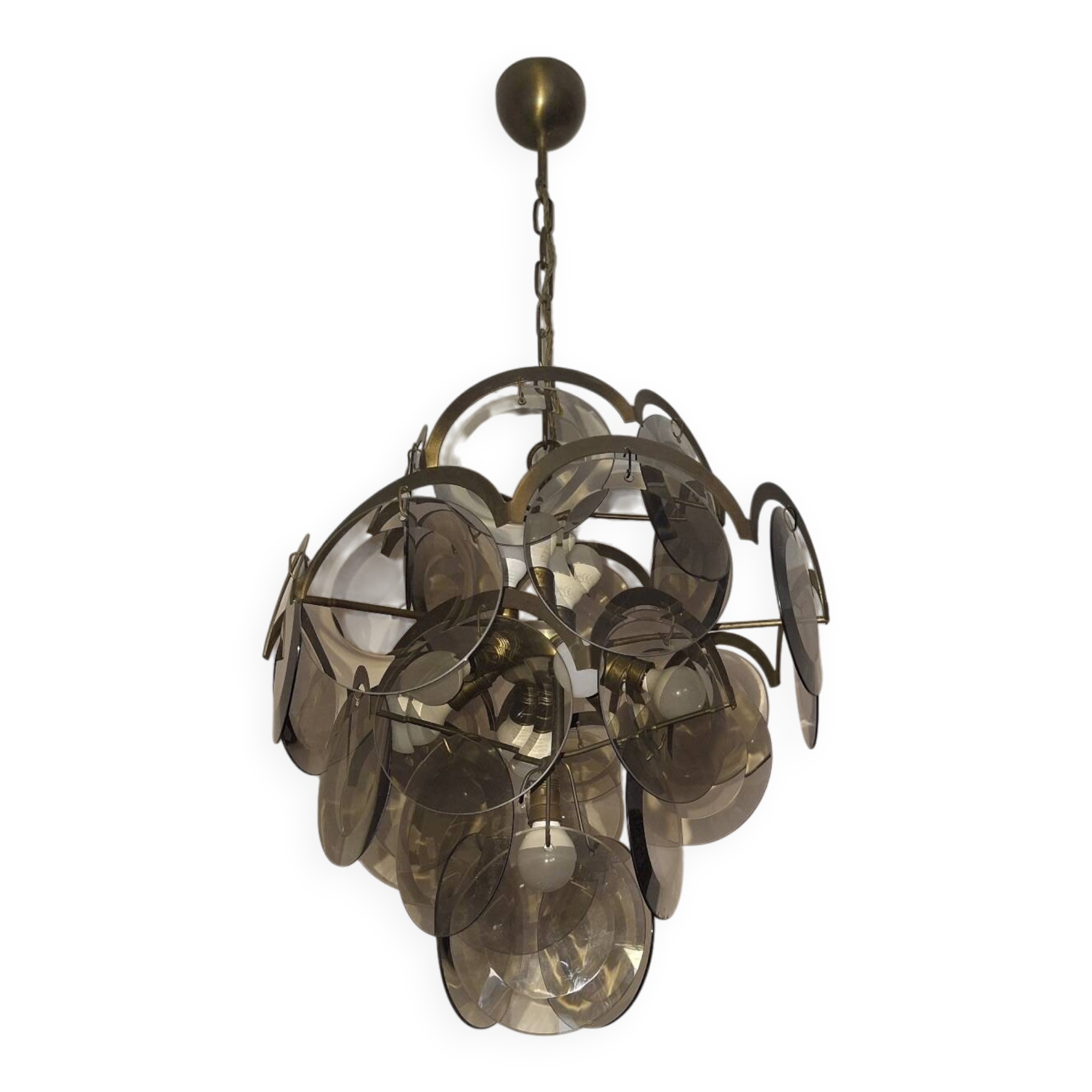 Vistosi chandelier with 28 faceted amber glass discs, Italy 1960s