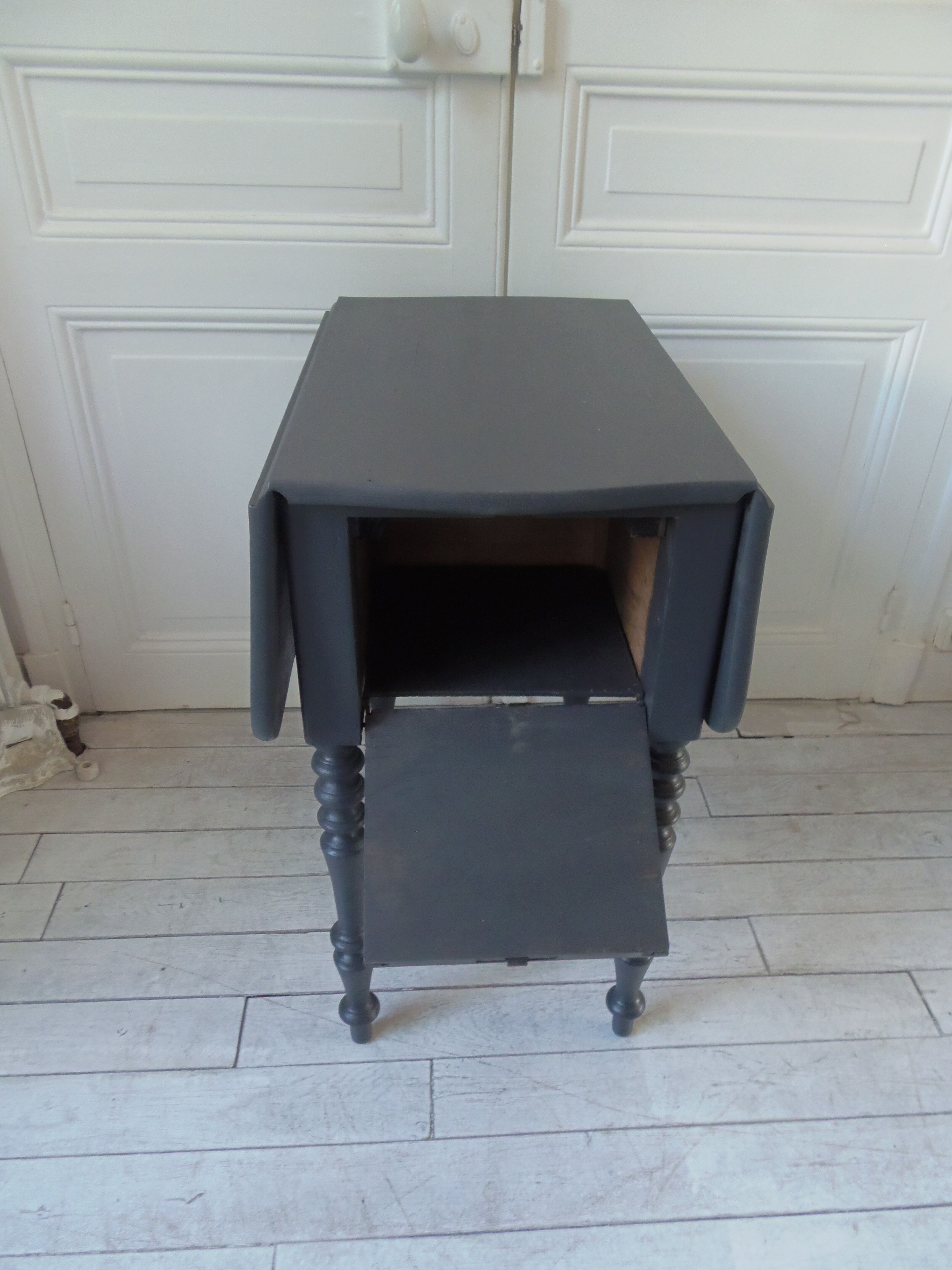 Louis Philippe bedside table with flaps, slate grey