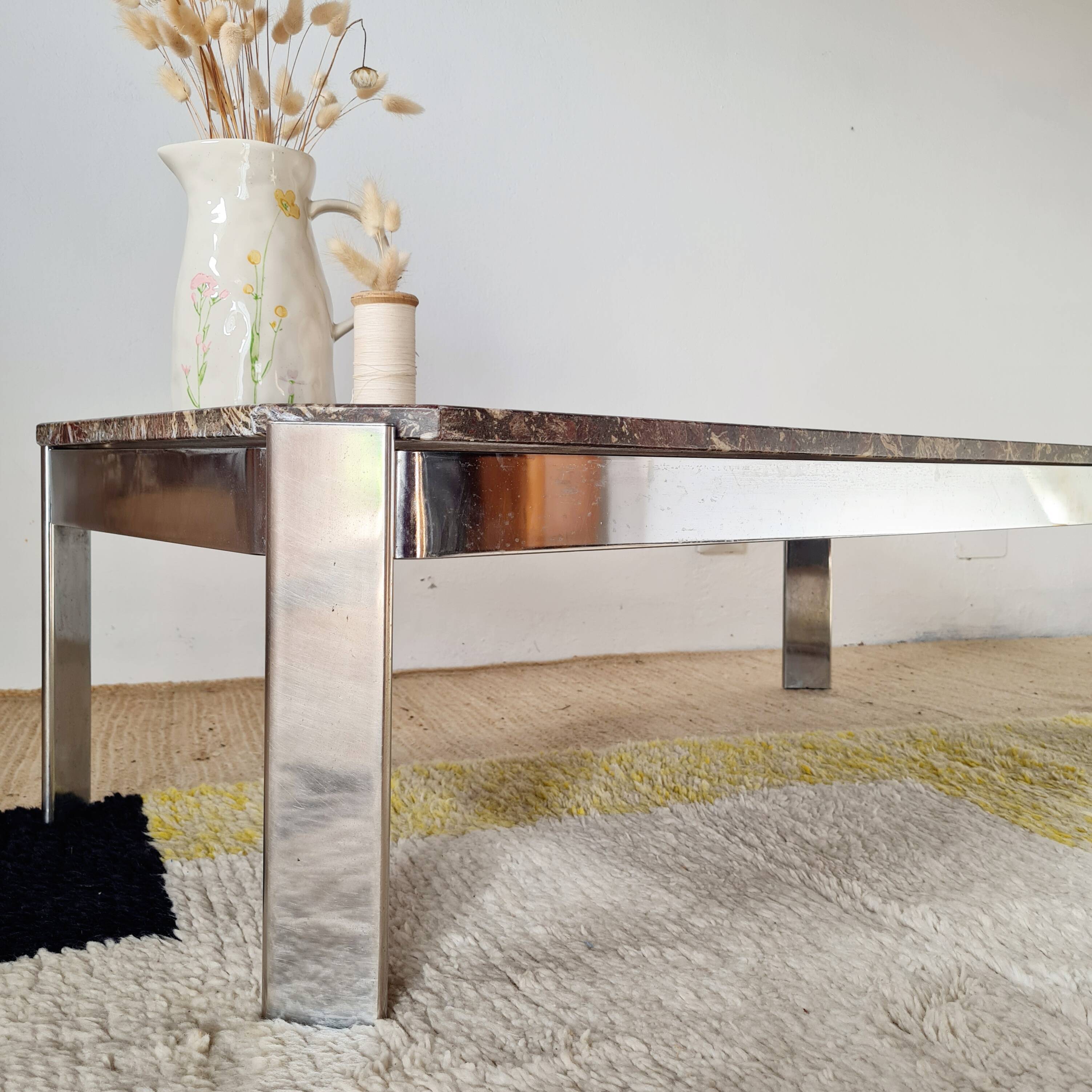 1970s marble and chrome metal coffee table