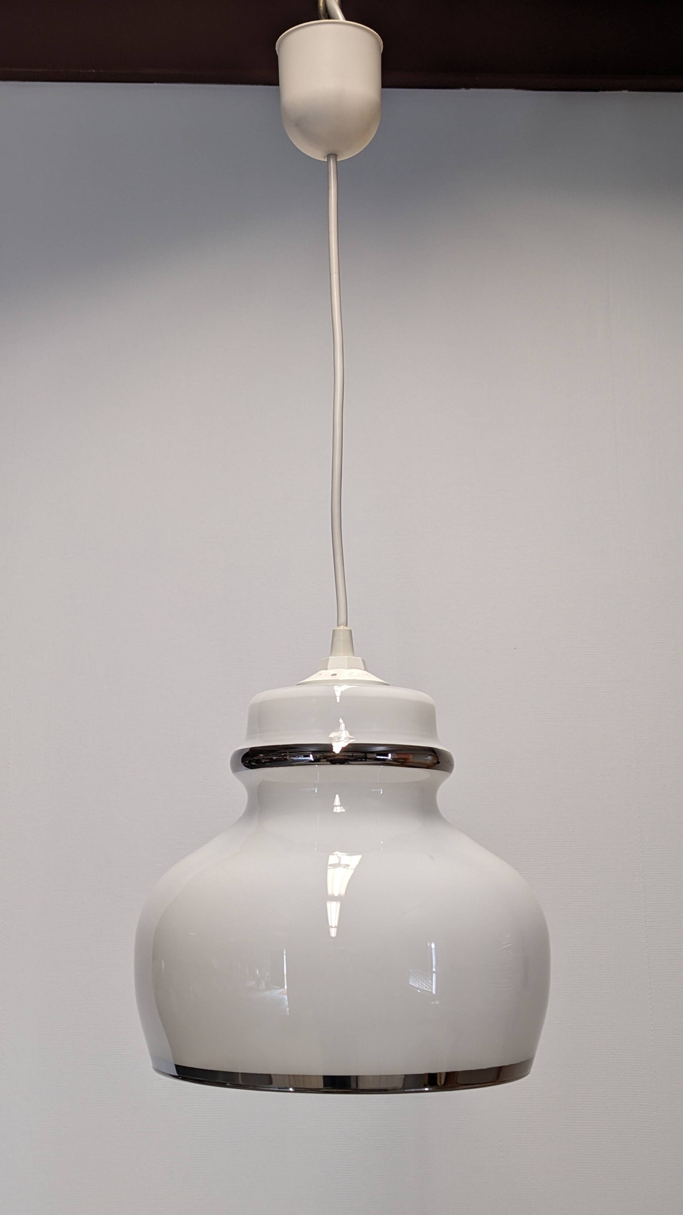 Suspension in white opaline with chrome trim, France circa 1970.