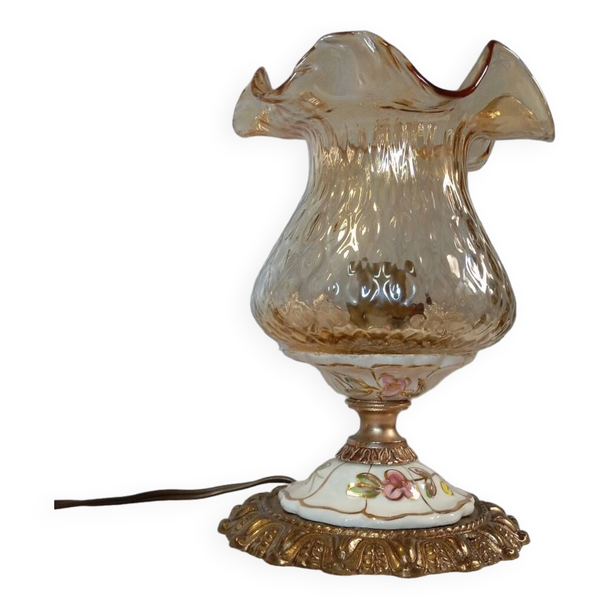 Baroque inspired table lamp, bronze, ceramic flowers and glass globe