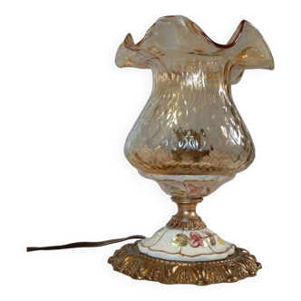 Baroque inspired table lamp, bronze, ceramic flowers and glass globe