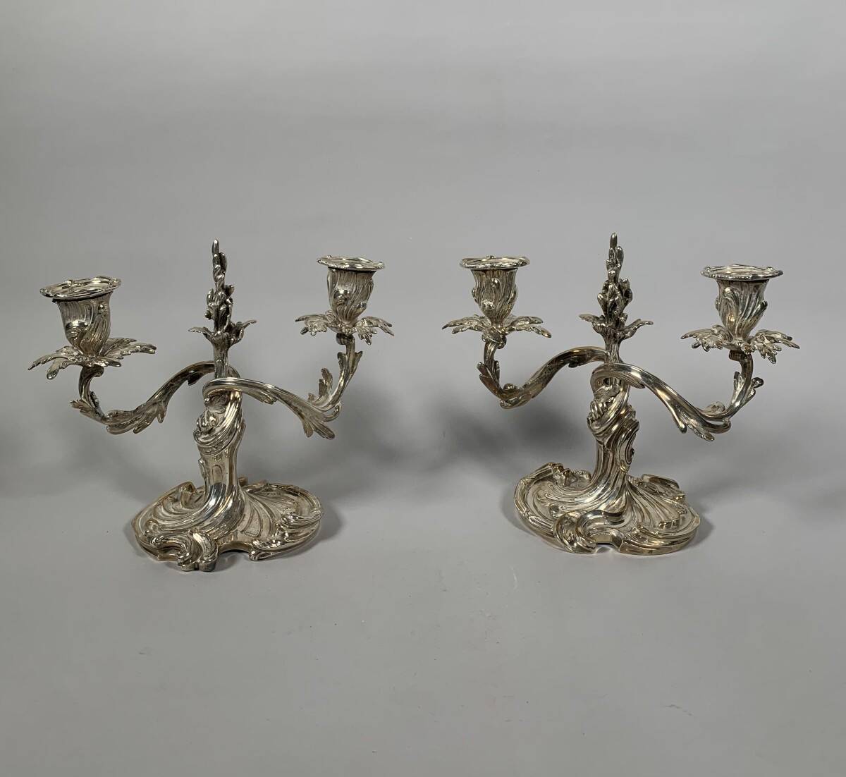 Pair of Rococo Style Candelabra in Silvered Bronze, 19th Century