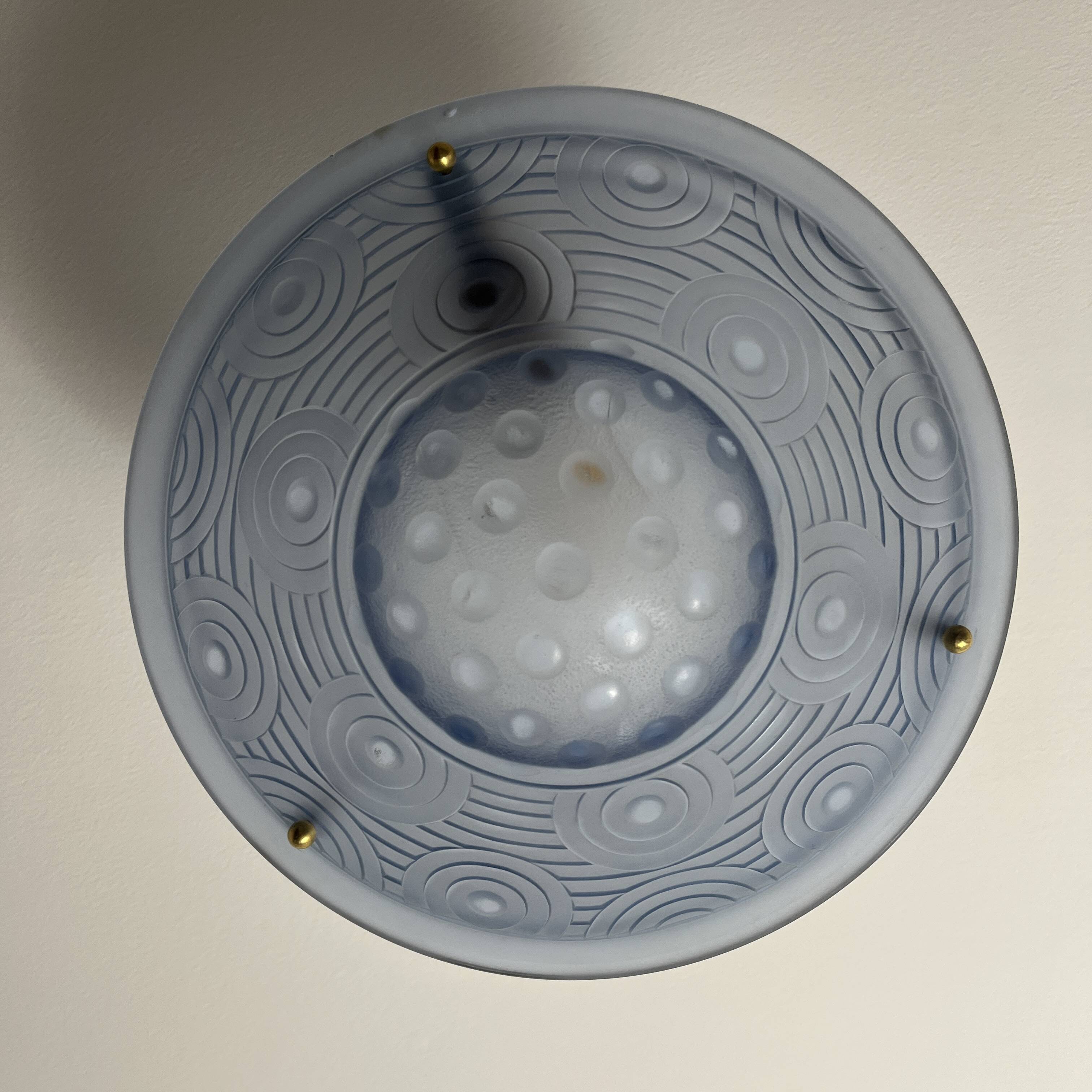 Blue pressed glass basin with Art Deco geometric patterns