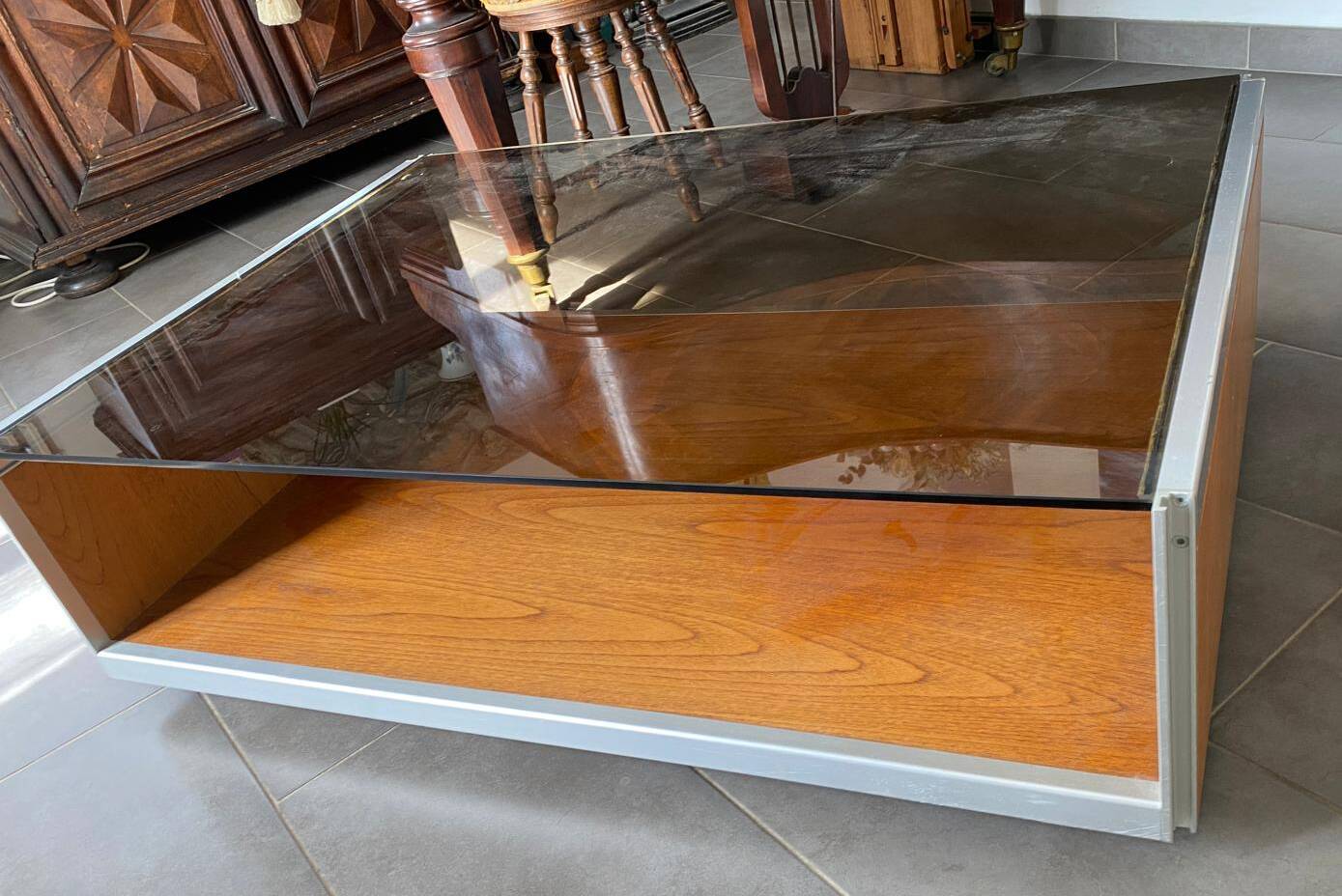 Coffee Table in Wood, Aluminium and Smoked Glass, 1970