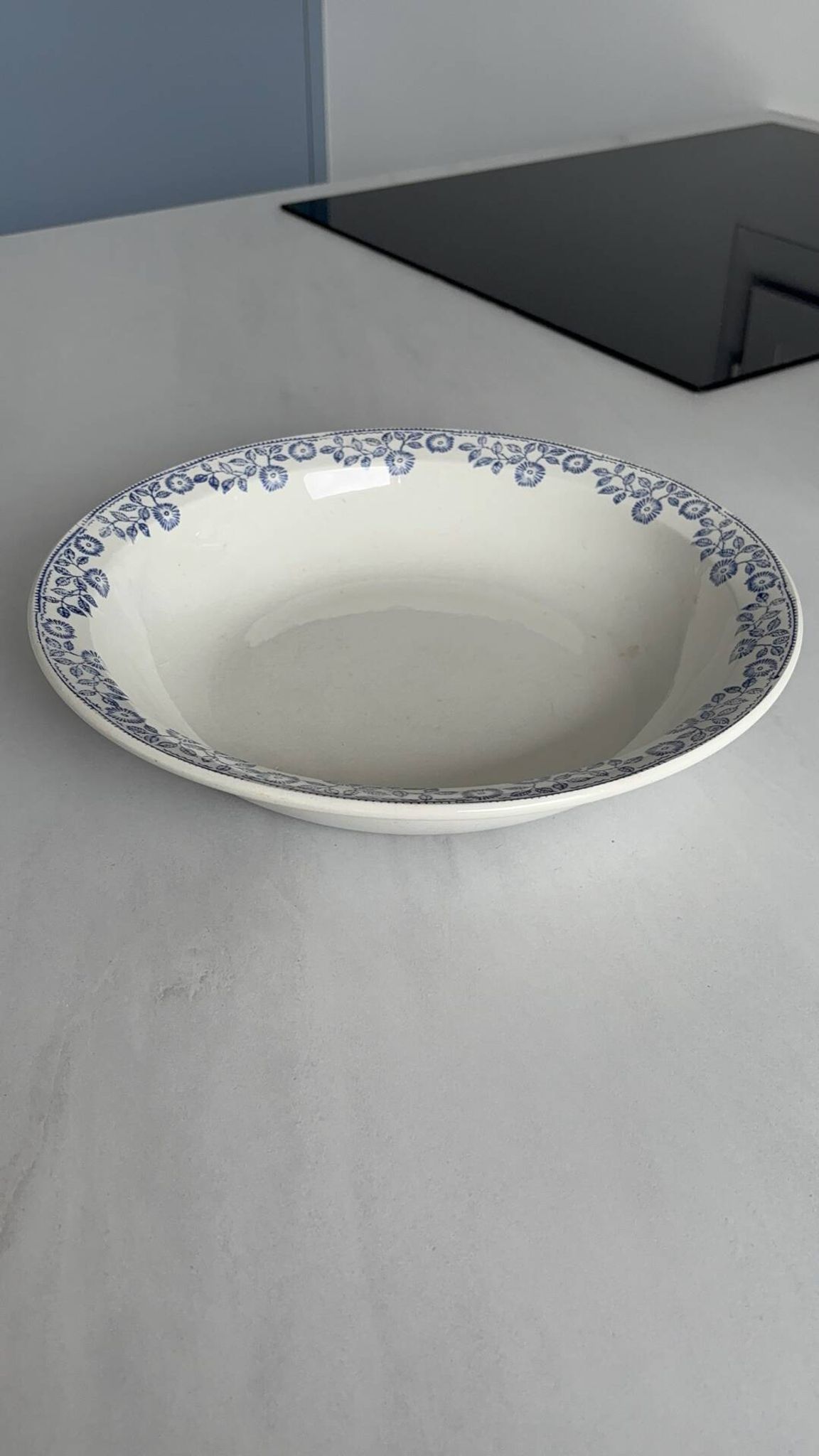 Large round salad bowl, antique blue St-Amandinoise ironstone plate.