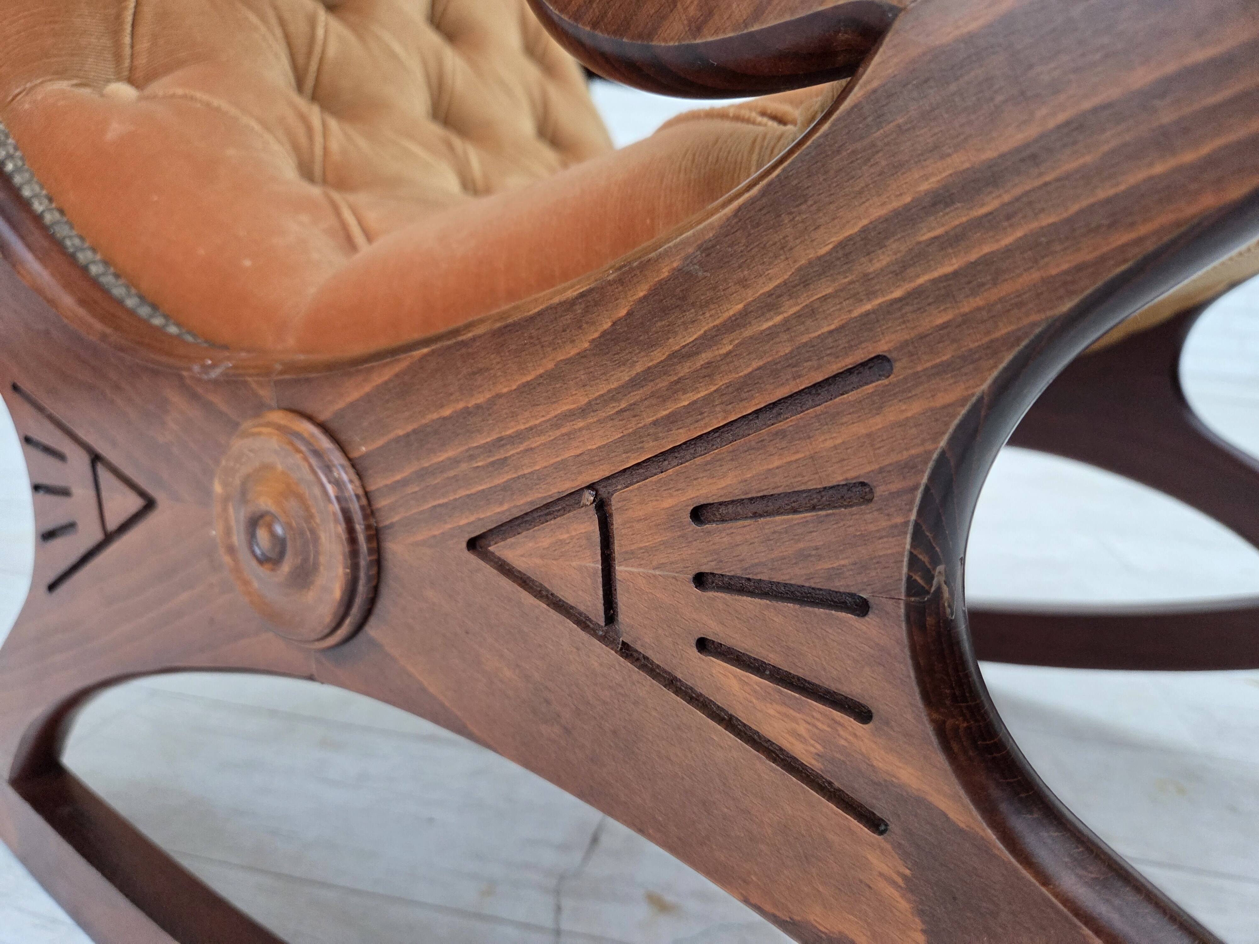 1960s, Scandinavian rocking chair, furniture velour, dark beech wood.