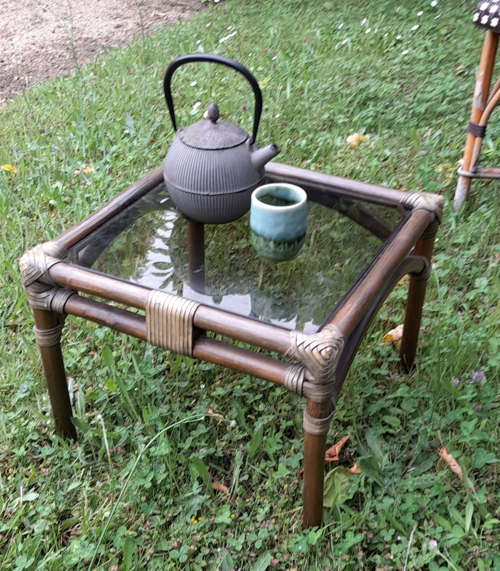 Square coffee table bamboo and smoked glass, vintage