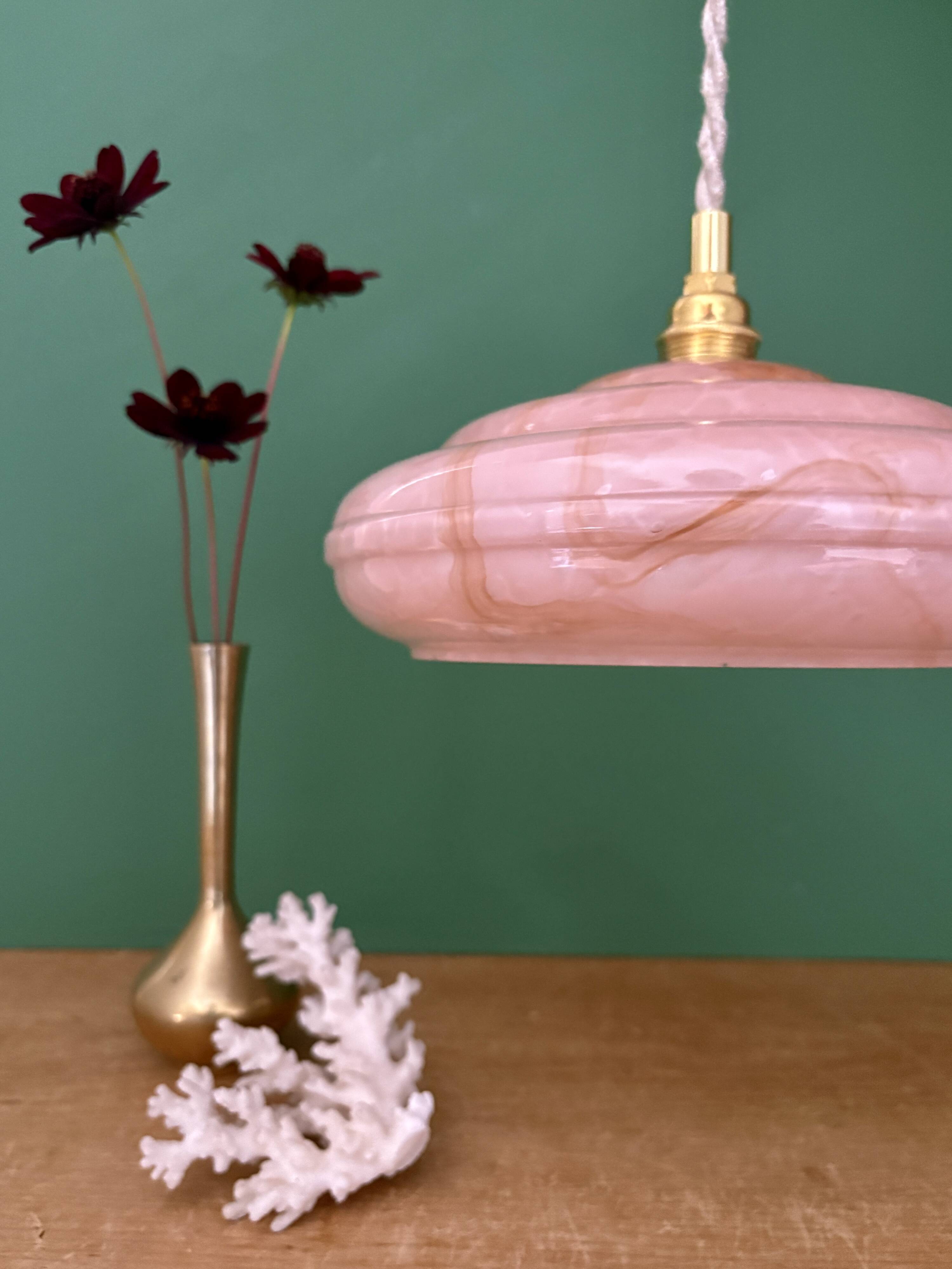 Vintage pink Clichy glass pendant lampshade with marbled effect