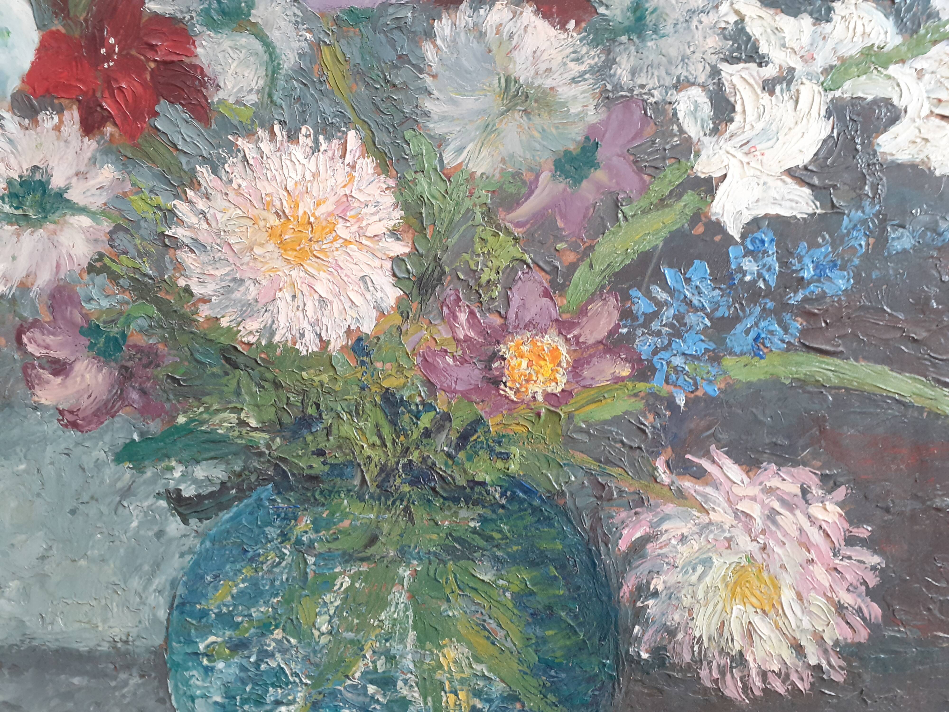 Table bouquet of flowers dahlias gladiolus