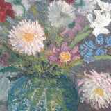 Table bouquet of flowers dahlias gladiolus