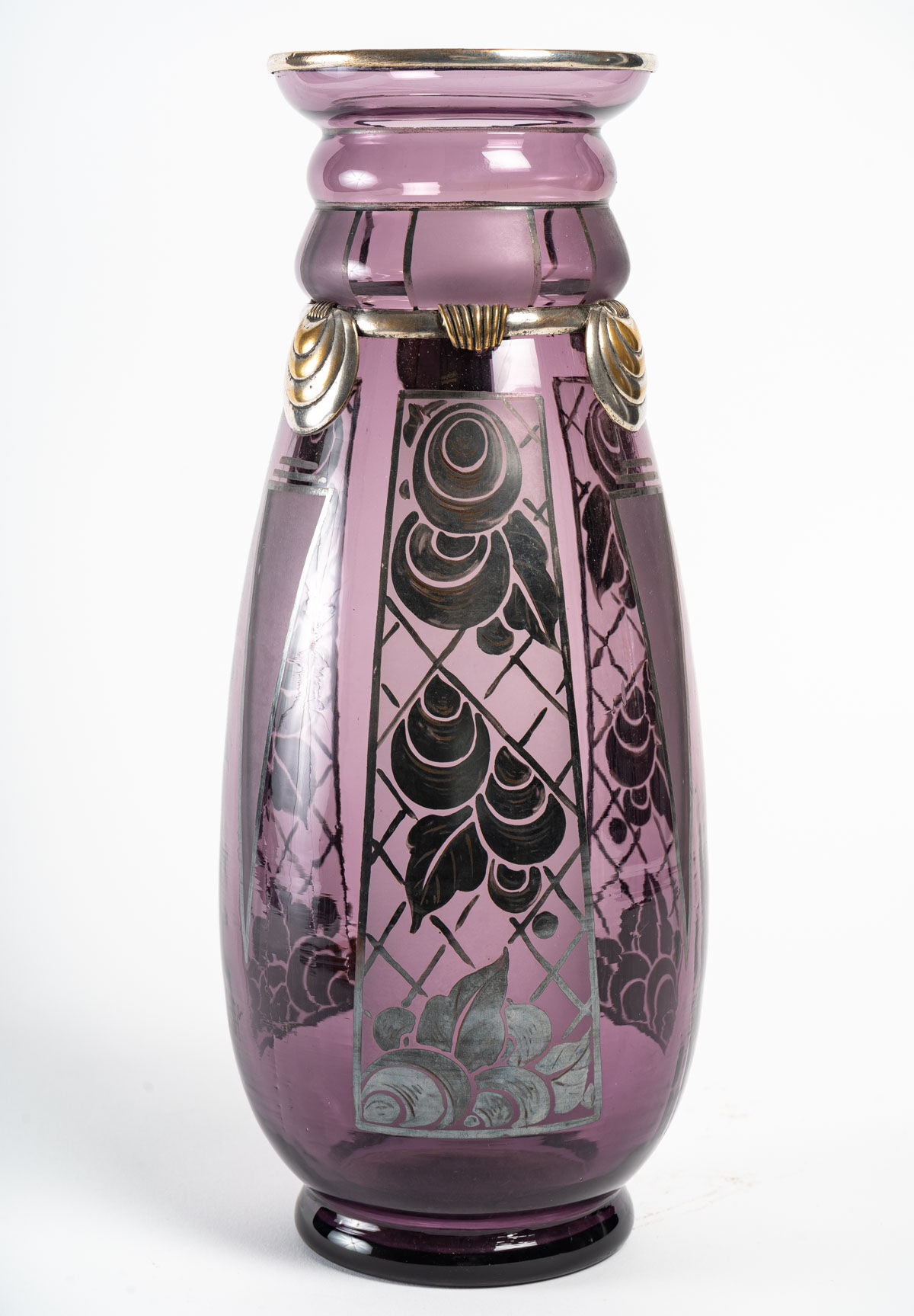 Argyl vase - purple glass and silver metal - period: art deco - twentieth century