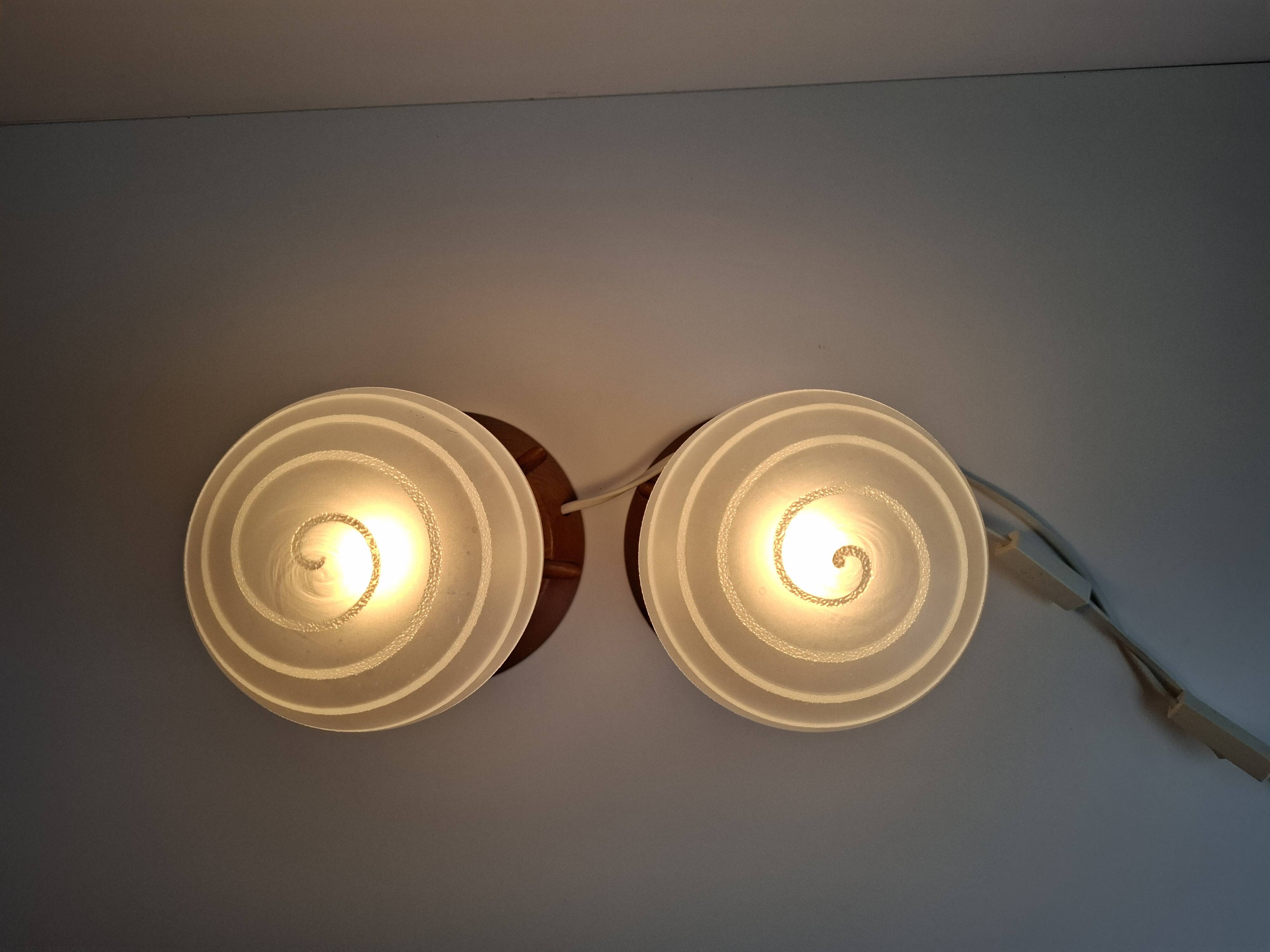 Pair of Mid-Century Czech Wood and Frosted Glass Table Lamps, 1990