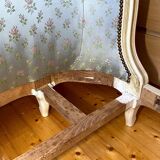 Louis XV style basket bed, embroidered satin, “cracked ivory” finish wood, 1950s