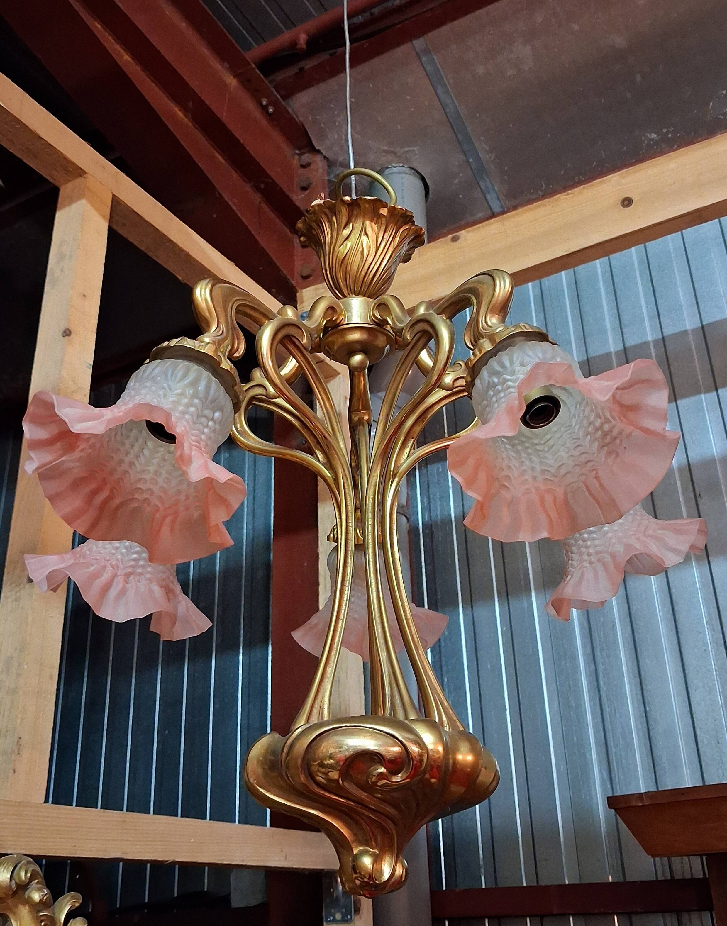 Art Nouveau bronze chandelier with five lights / Nancy school style