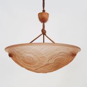Antique chandelier, Art Deco floral basin pendant light 1 light, in pink glass paste. 1930s