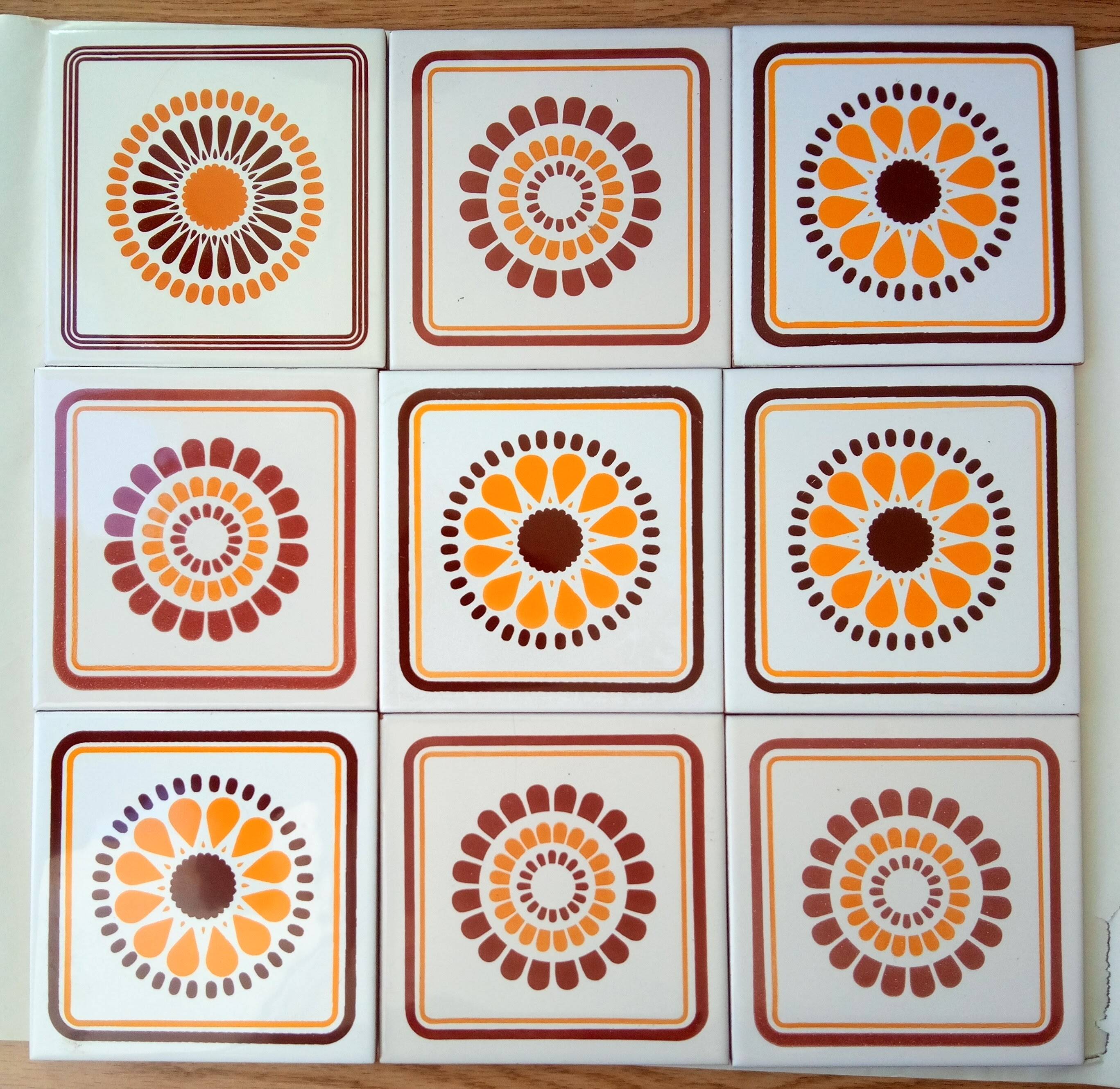 Set of decorative tiles from the 70s, orange pop flowers