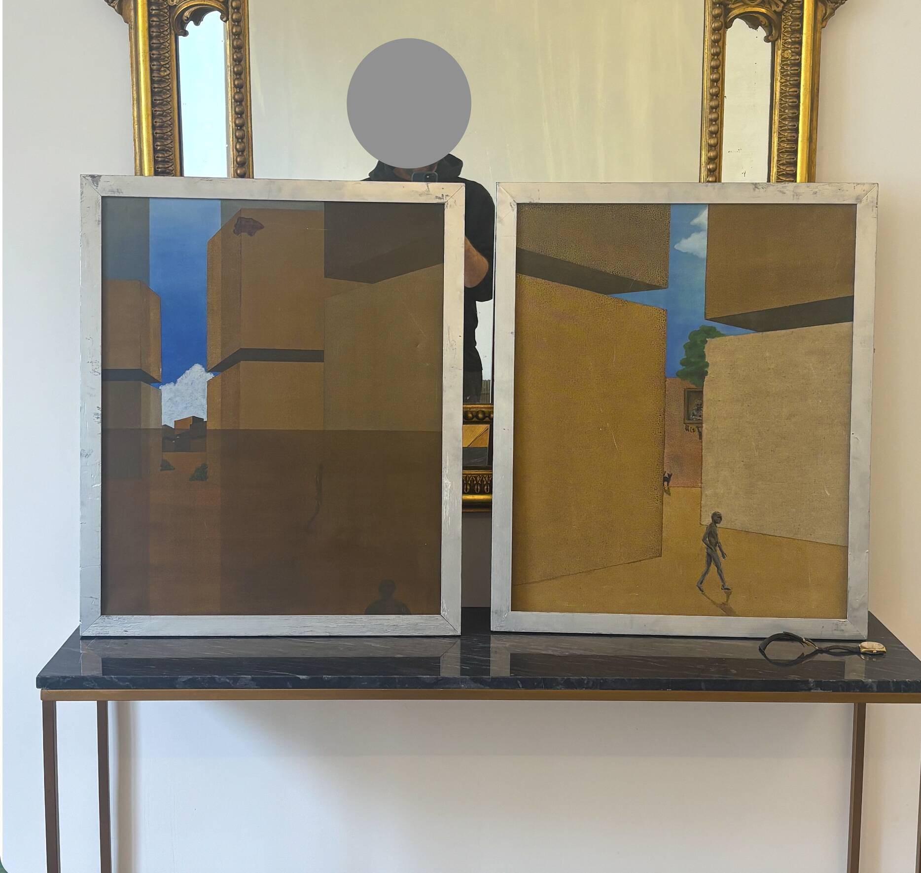 Pair of geometric surrealist modernist paintings