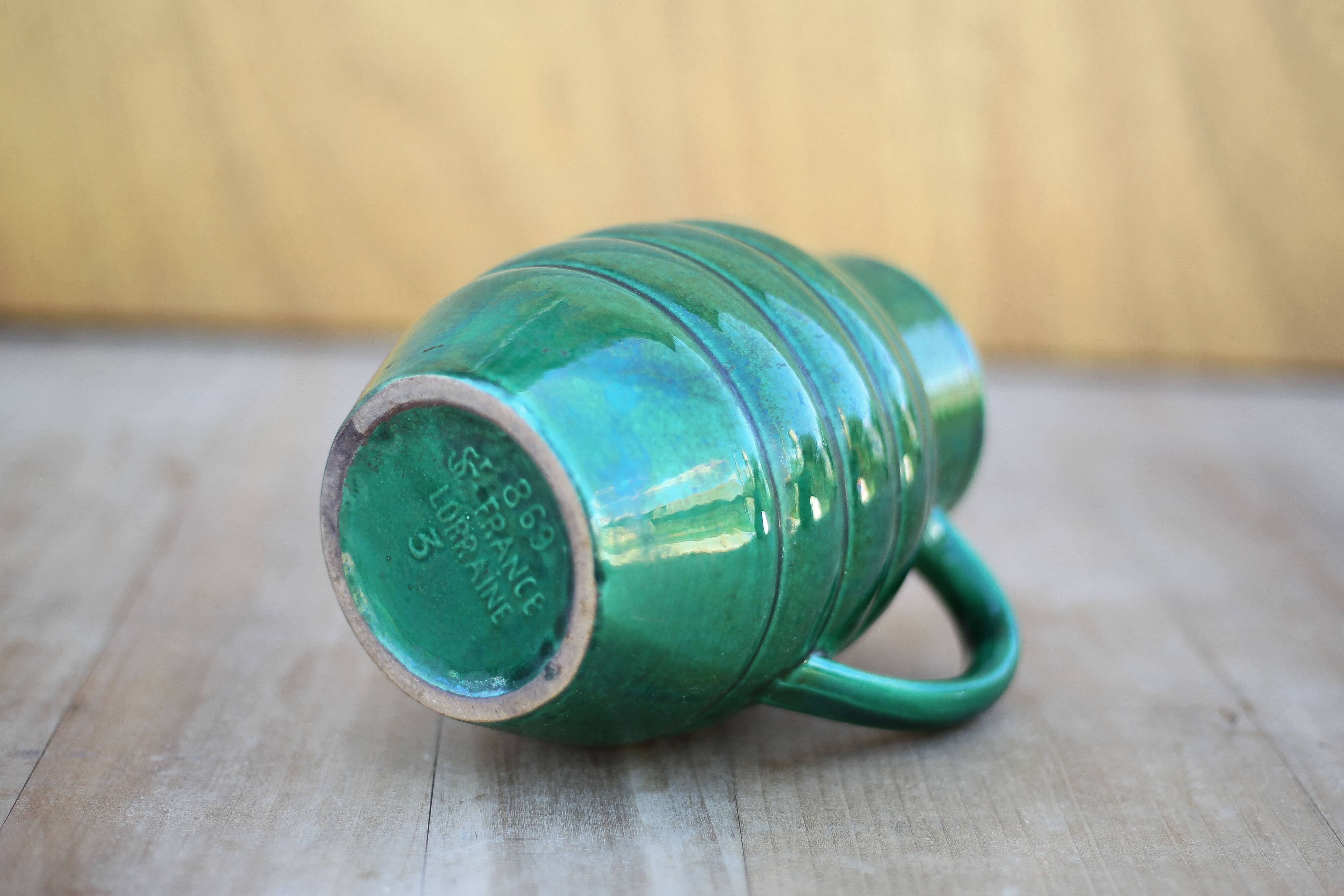 Pitcher St Clément France Lorraine 869, green pitcher, ceramic pitcher