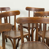 Set of 17 vintage bistro chairs in curved wood — striped seat, be