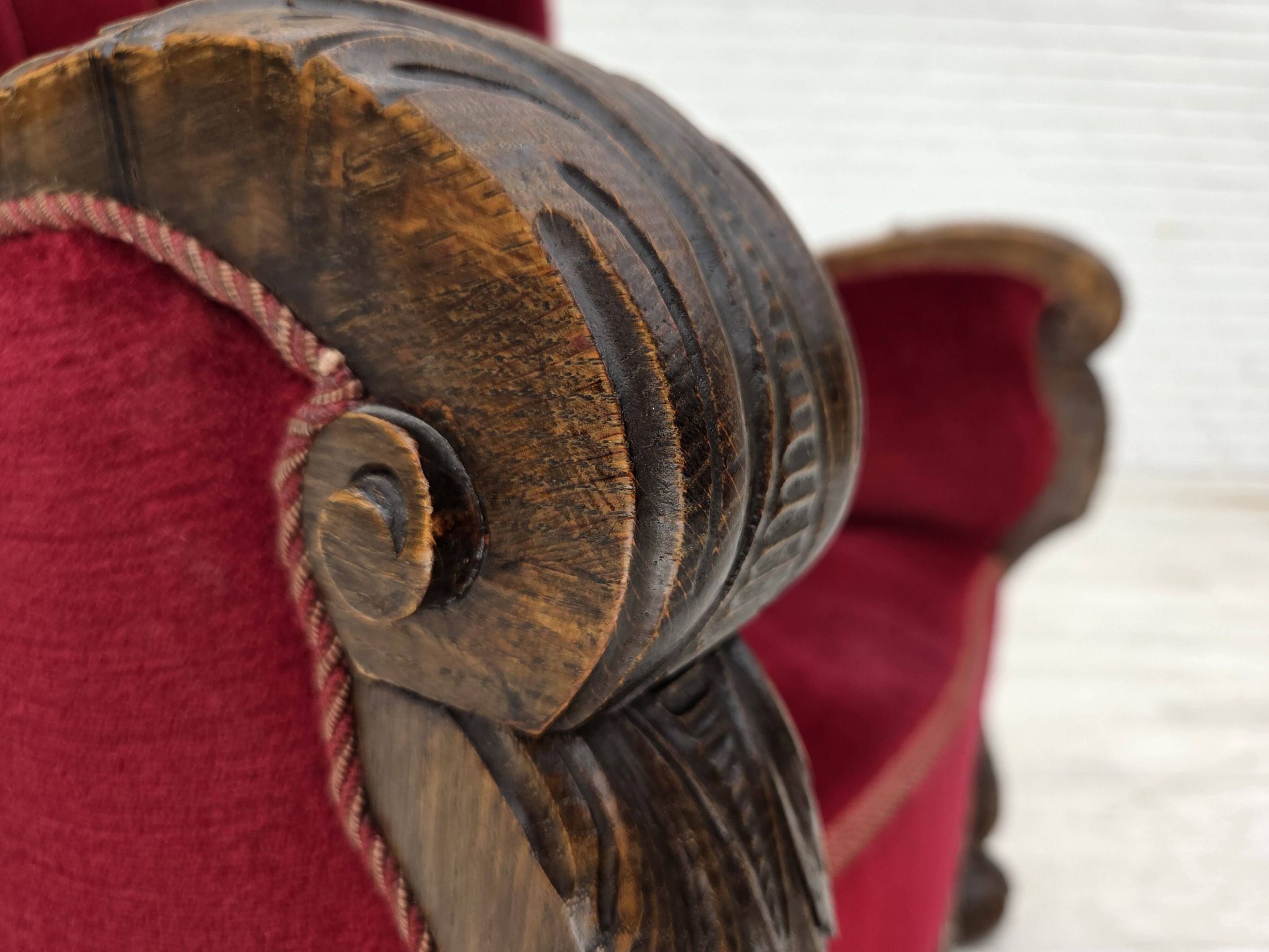 1960s, Danish relax chair, cherry-red furniture velour, oak wood.