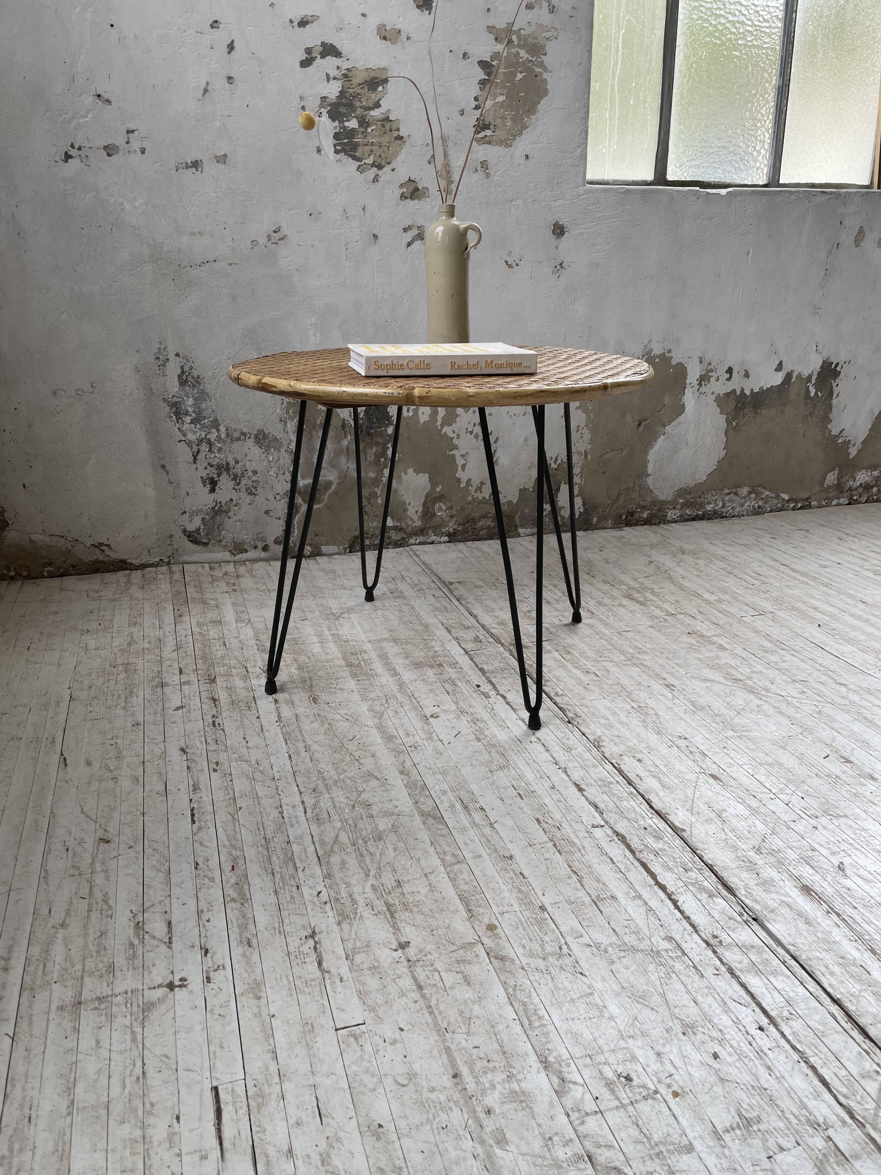 Wicker and metal coffee table from the 1950s