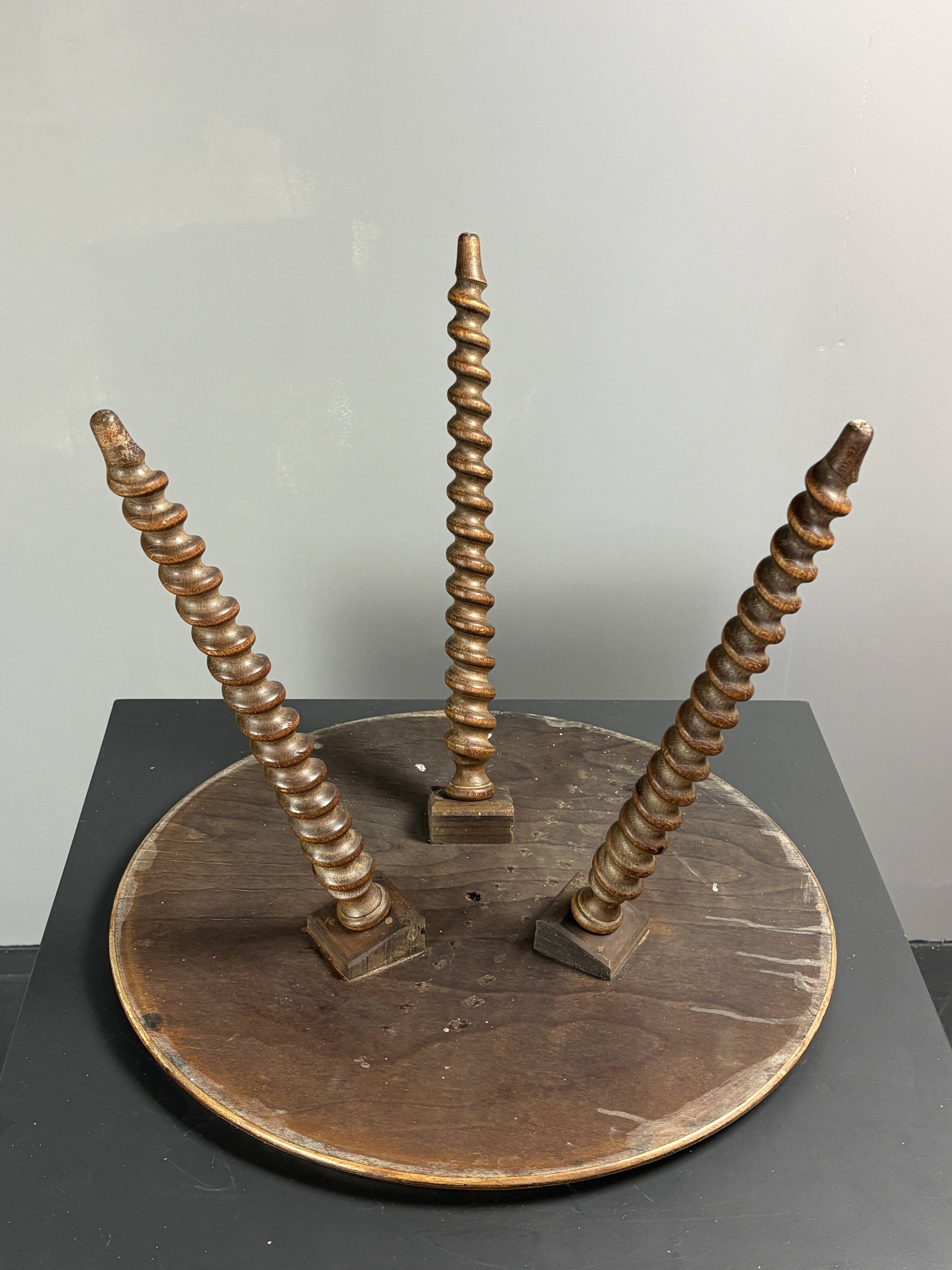 Midcentury wood turned barley twist side table with cork screw legs 1950s