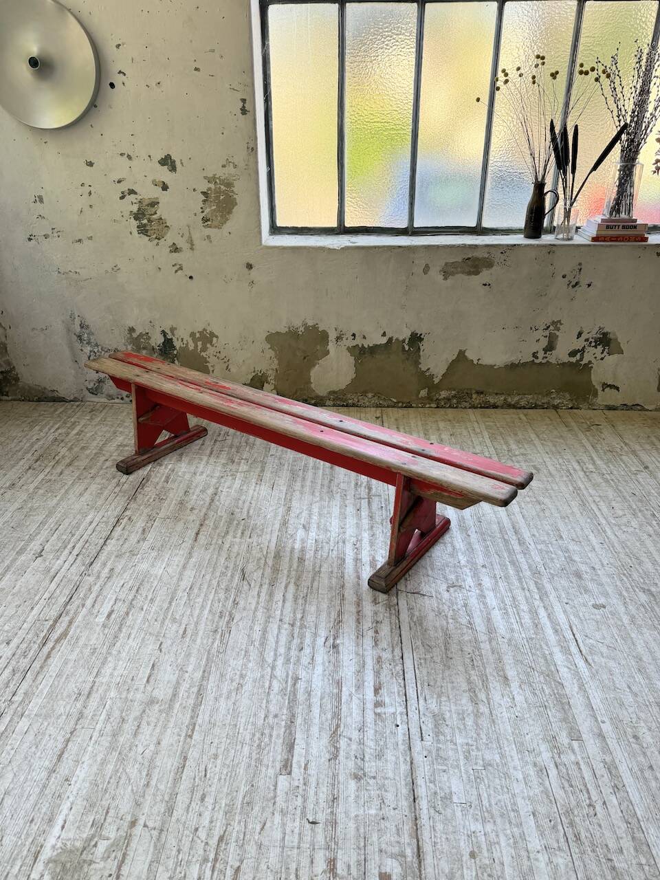 1950s oak bench with red patina, 2m