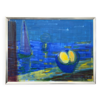 Huile sur toile moderniste vintage Paysage en bleu signée Gerhard Larsson