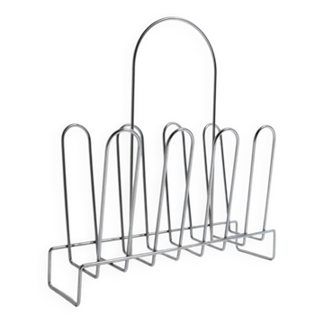 Vintage chrome metal magazine rack - Space Age design from the 1970s - Decorative storage for magazines and books - Elegant retro gift idea