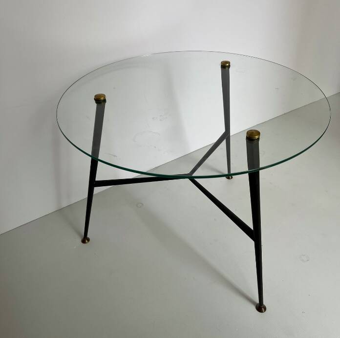 1950s Round Glass and Metal Coffee Table