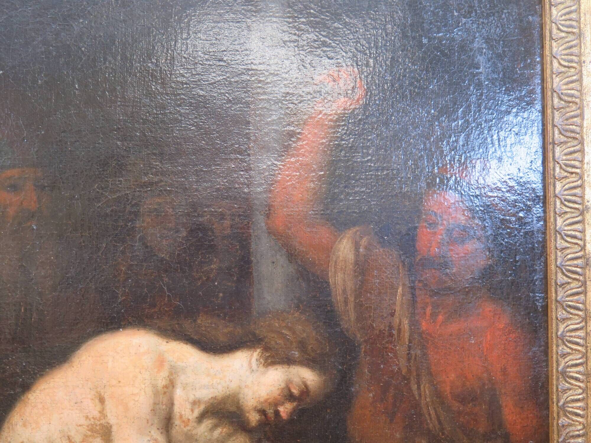 Antique painting Flagellation of Christ with early XIX gilded wooden frame