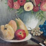 Still life flowers and fruits painting on canvas signed