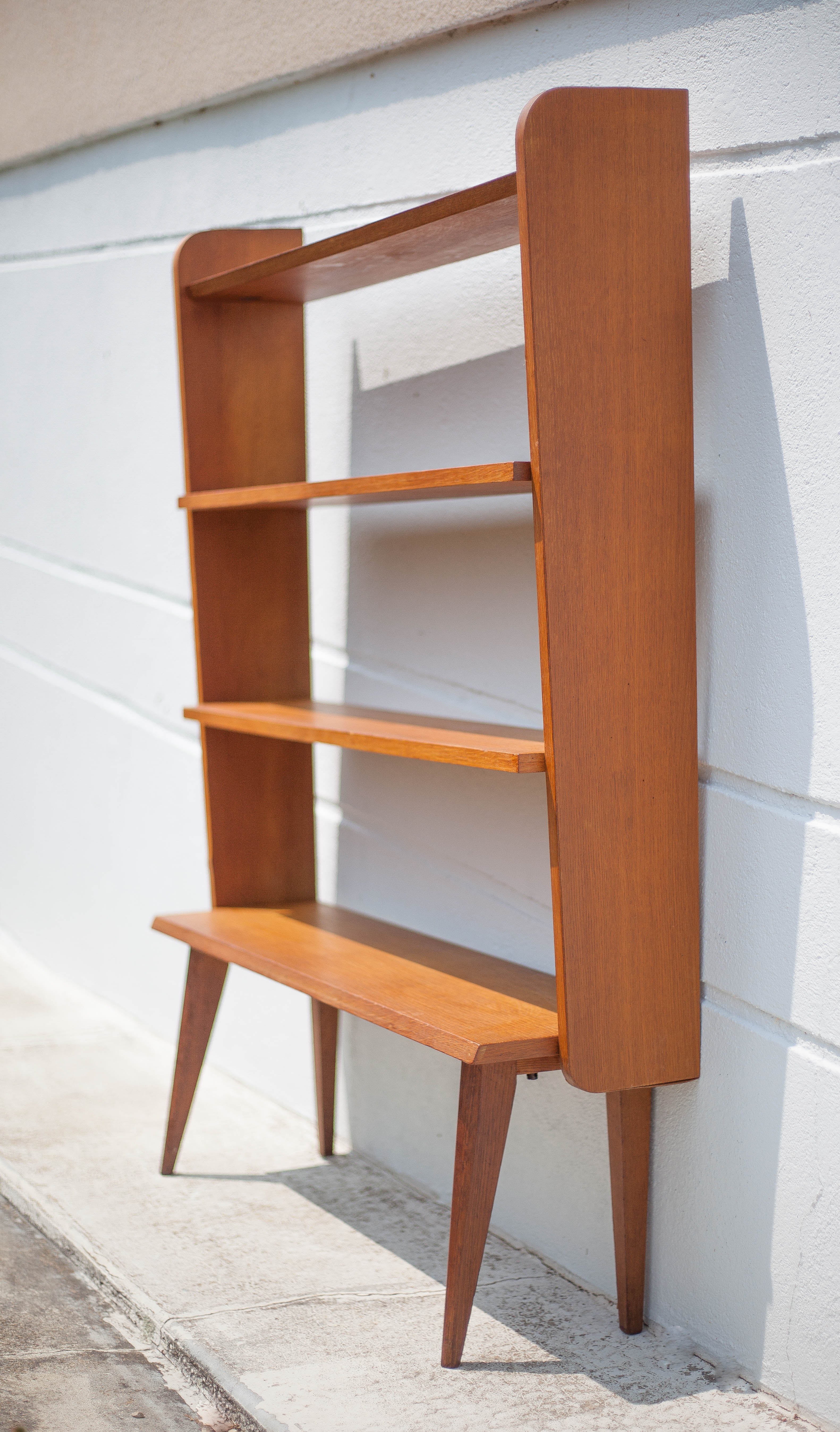 Wood bookcase shelf, wooden shelf on compass legs, storage unit, decoration