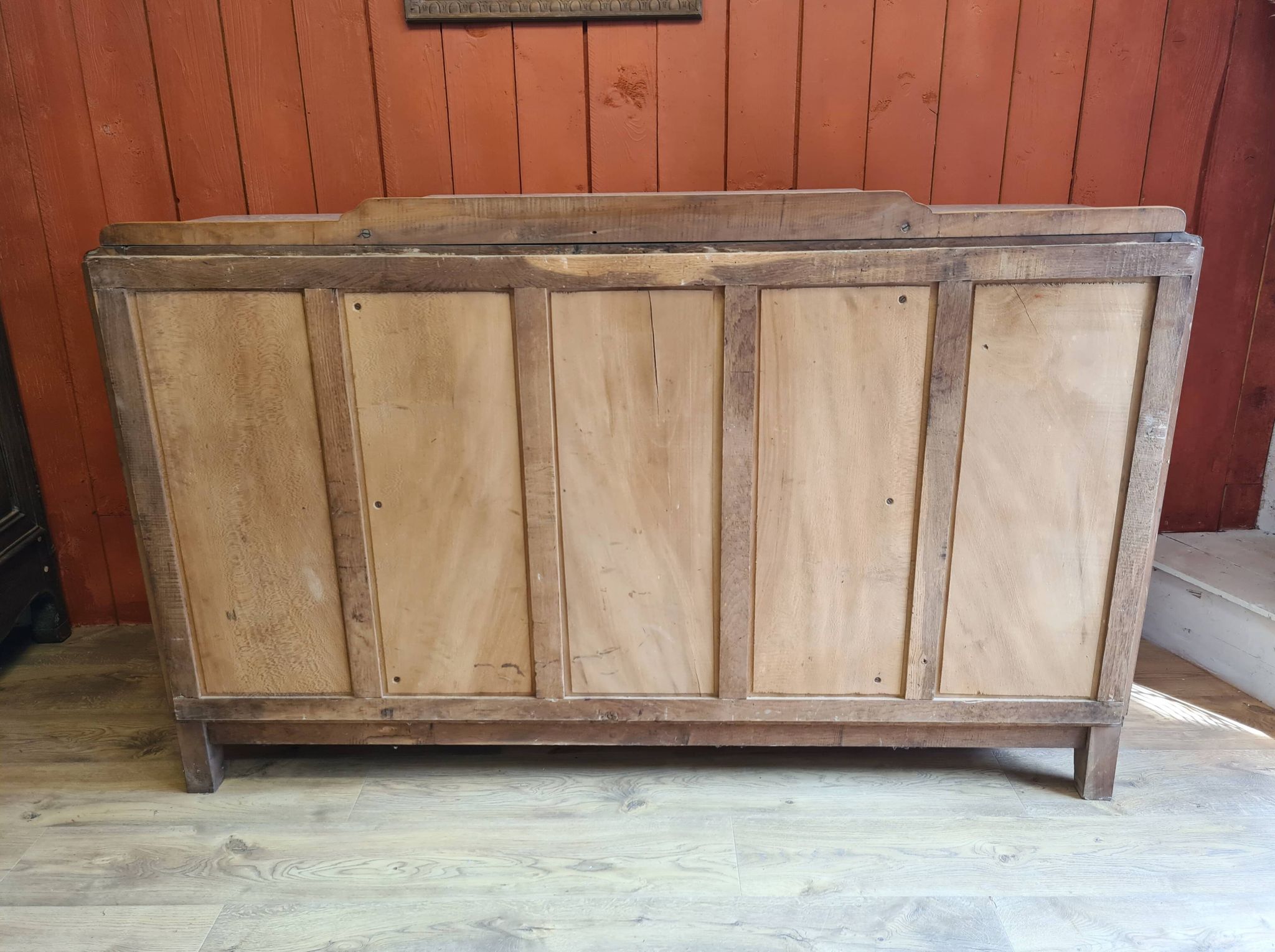 Renovated art deco walnut sideboard with beveled glass door and marble tops