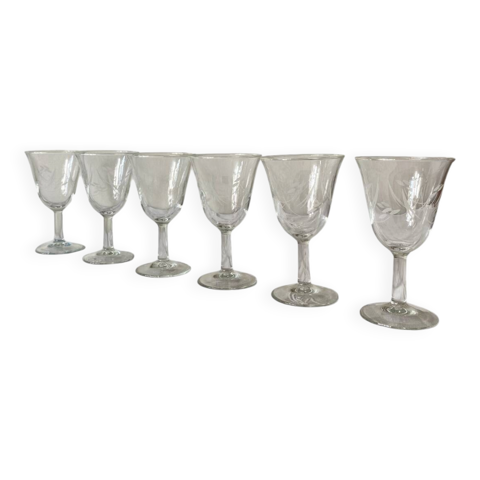 6 antique engraved stemmed glasses with stylised flowers, for wine or water.