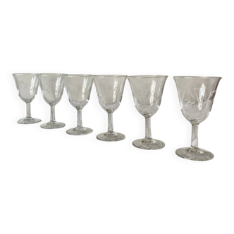 6 antique engraved stemmed glasses with stylised flowers, for wine or water.