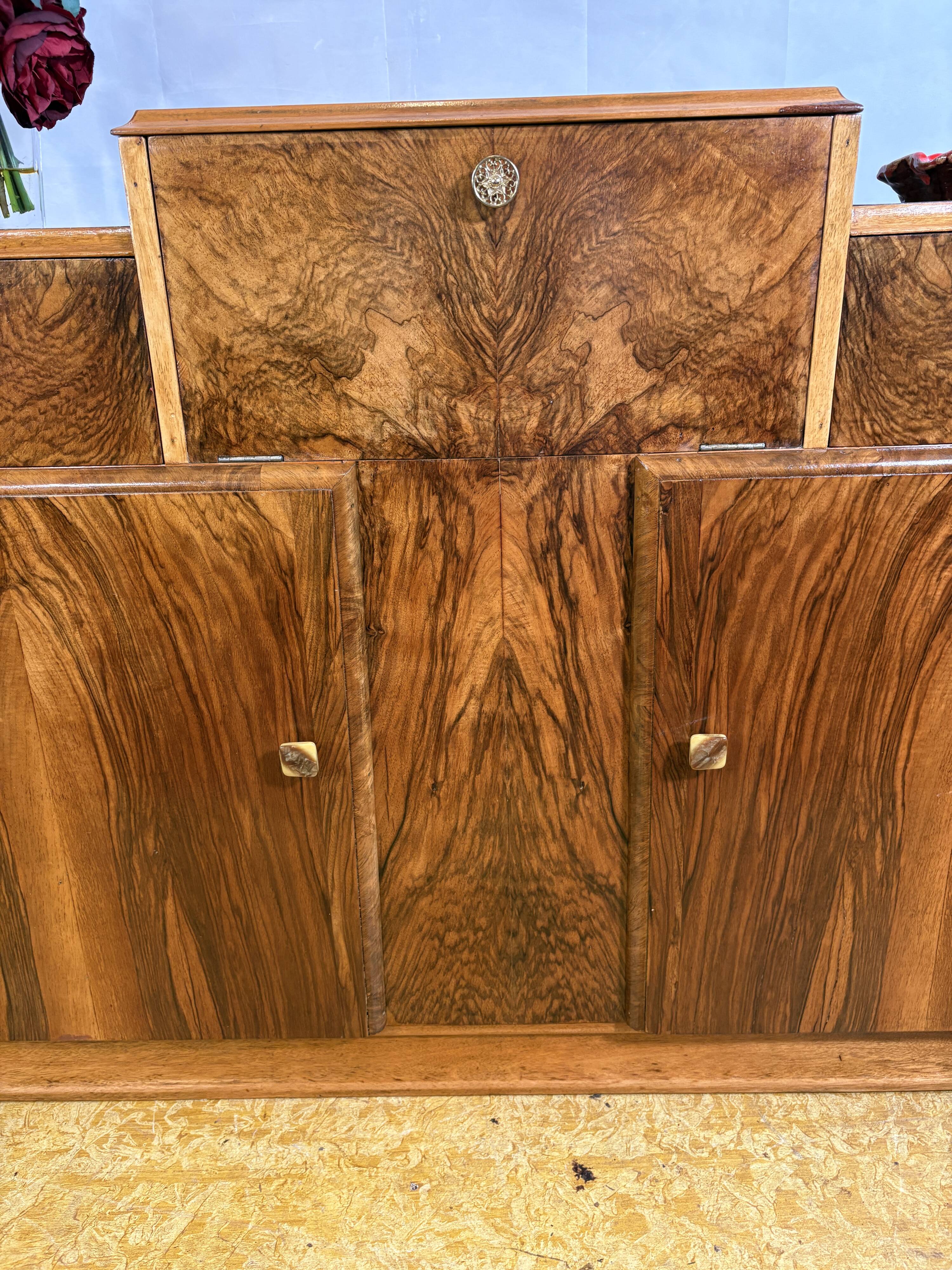 Art Deco English Burr Walnut Cocktail Sideboard – Circa 1930s  A stunning o