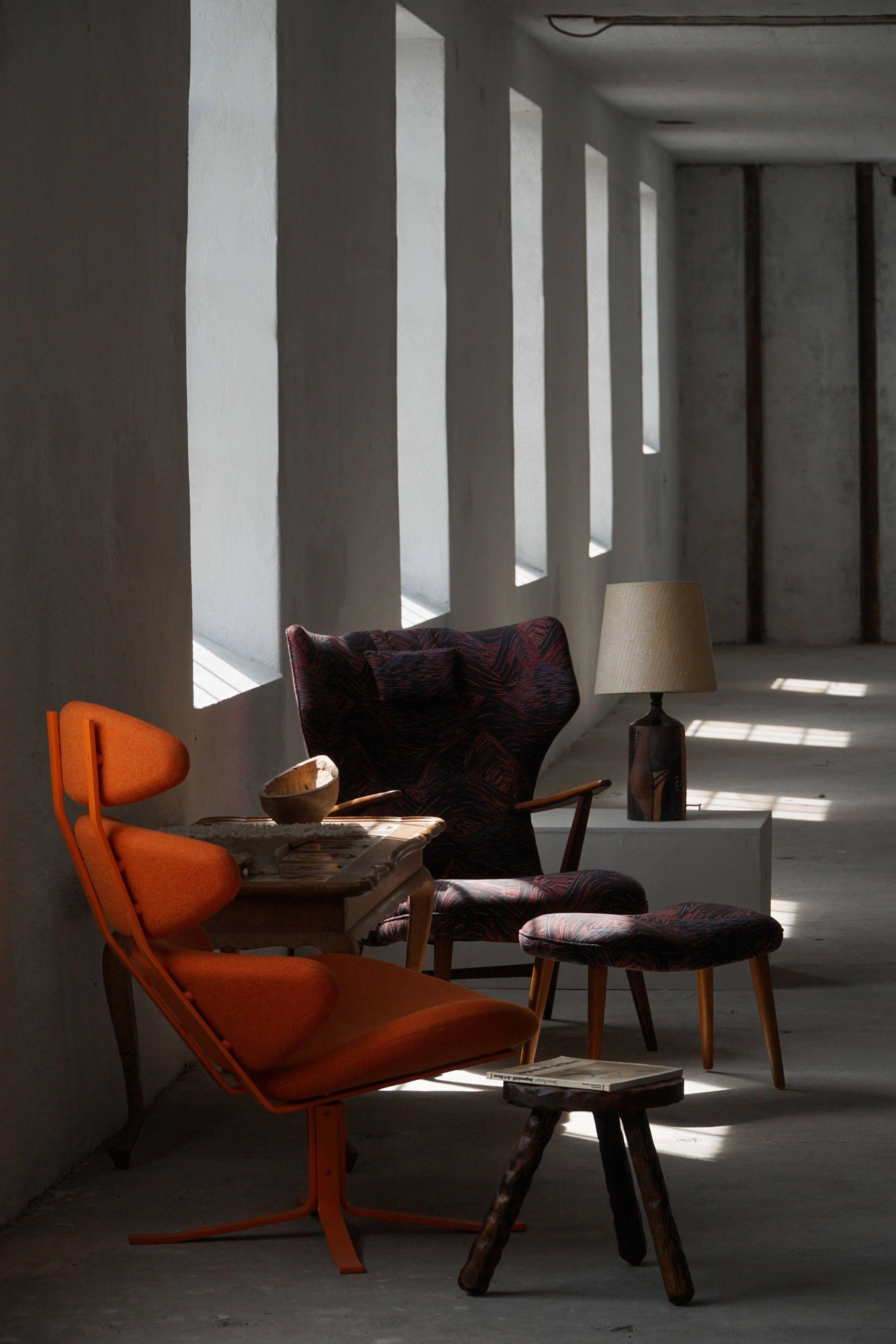 Madsen & Schubell, accent chair and stool in teak, reupholstered, 1950s