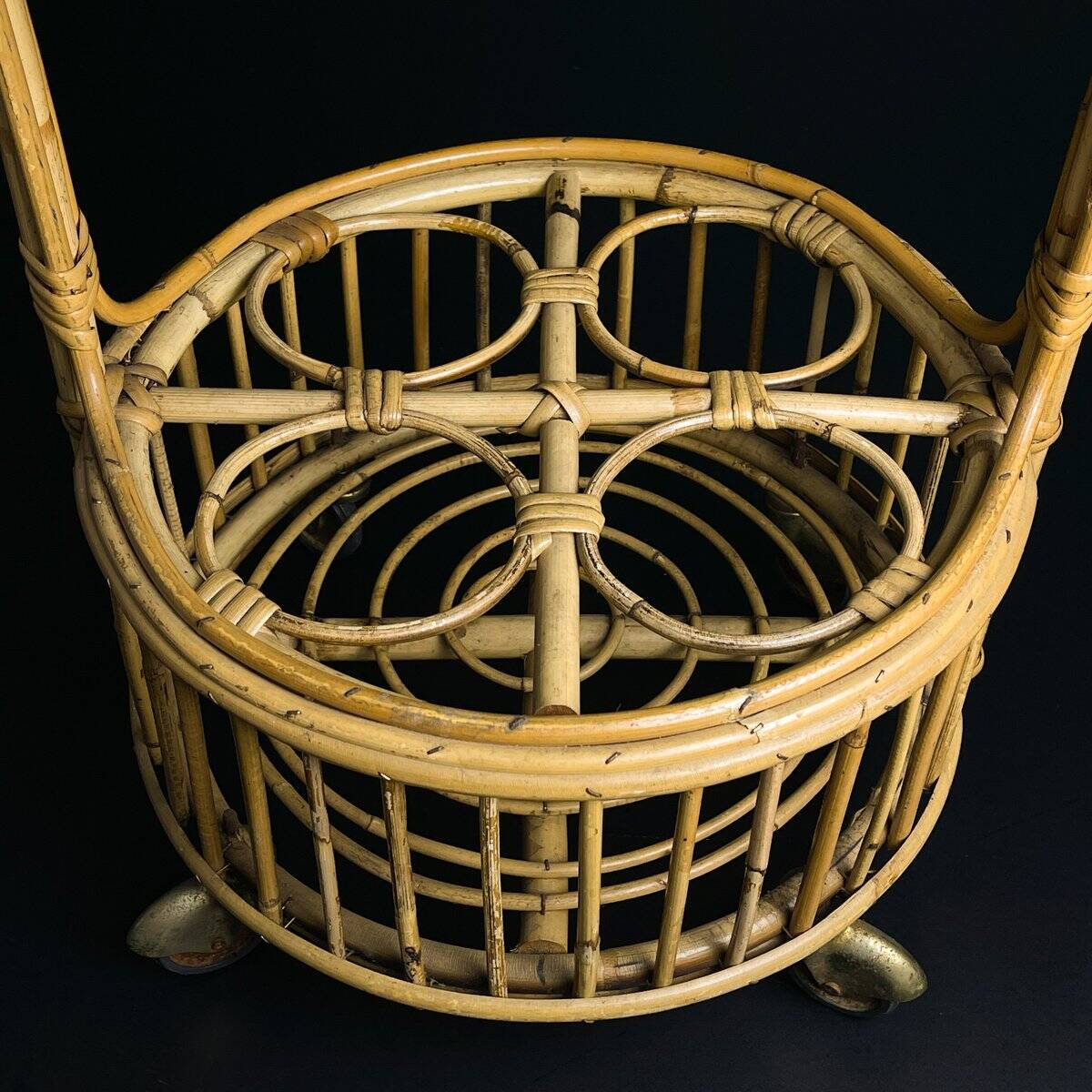 Vintage round service trolley in bamboo and rattan, 1960s