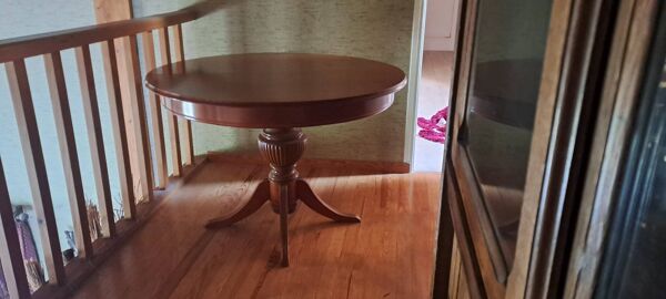 Table ronde bois massif noyer pied central 1950 avec ralonges