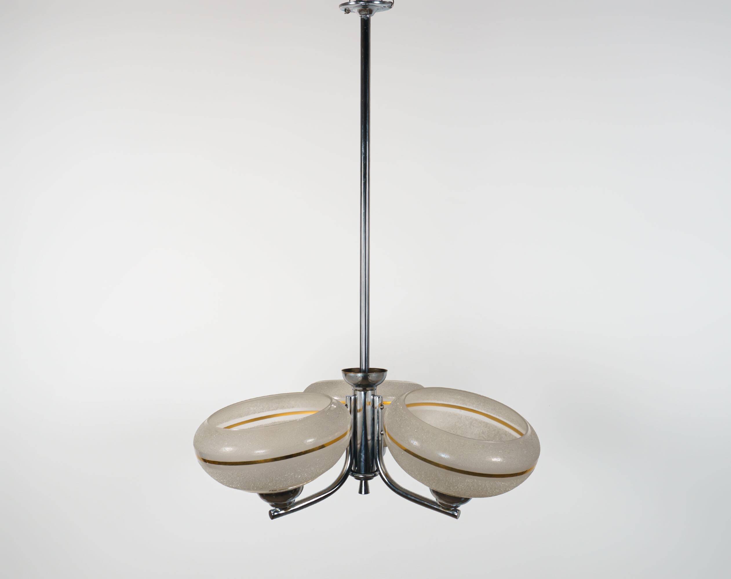 1930s English Art Deco 3-Arm Chrome & Gold Gilt Glass Chandelier Lamp