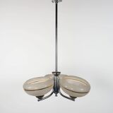 1930s English Art Deco 3-Arm Chrome & Gold Gilt Glass Chandelier Lamp